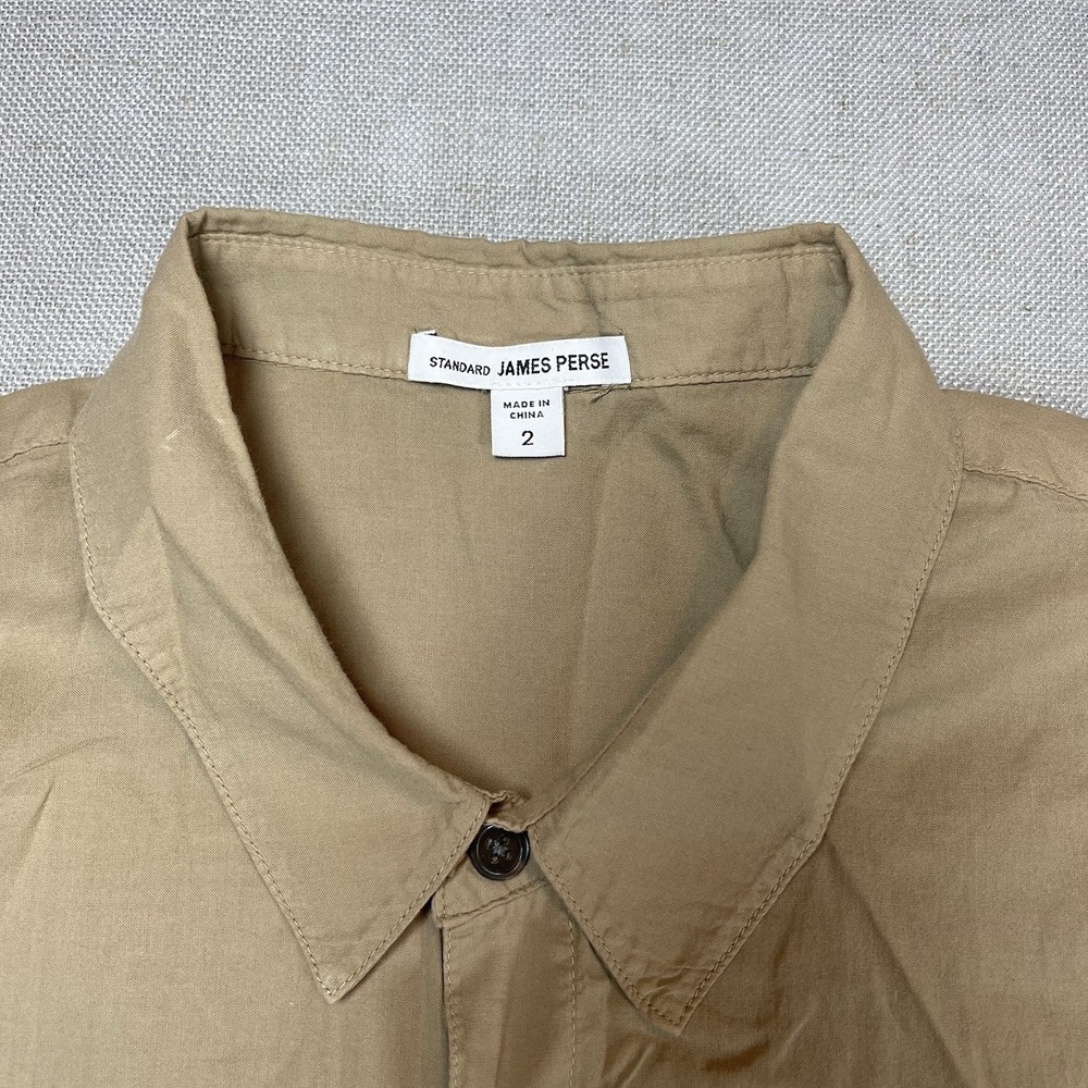 Men's James Perse The Standard Long Sleeve Button Up Dress Shirt Khaki 2 Sz M - Picture 3 of 9